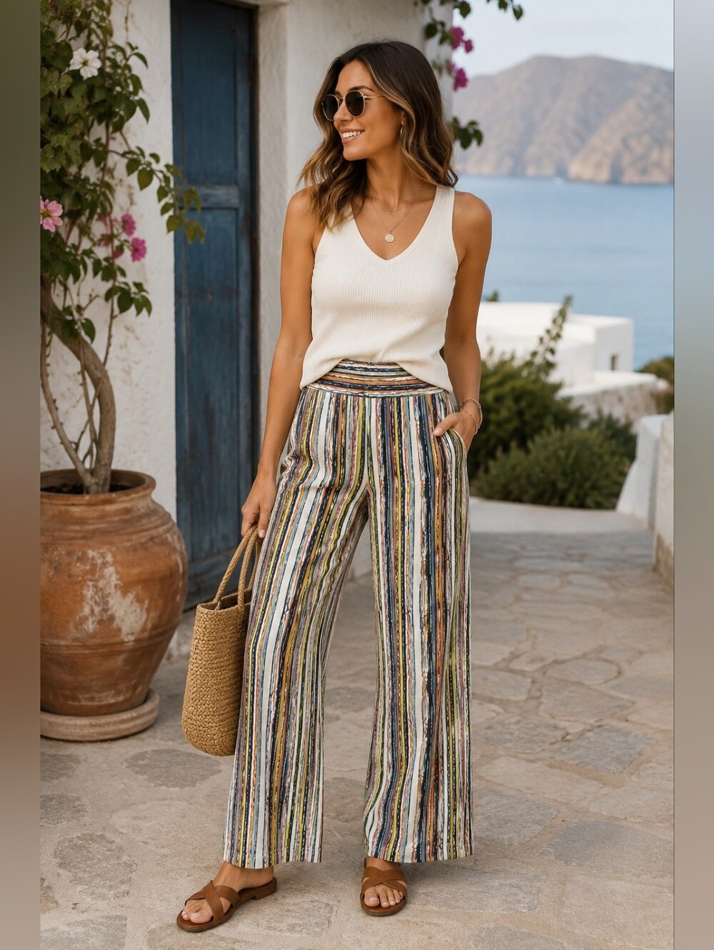 Sam Edelman Striped Wide Leg Pants Size M Resort Coastal Boho Vacation